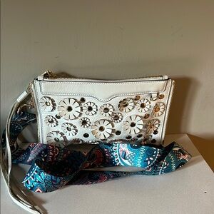 Rebecca Minkoff White Clutch with Floral and paisley added guitar strap Design